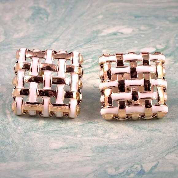 Braided White and Gold Square Earrings - Picture 2 of 7